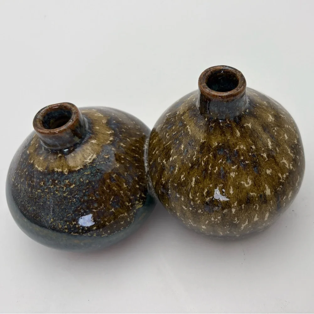 Set of Two Joined Pottery Bud  Vases in Blue and Brown -Makers Mark